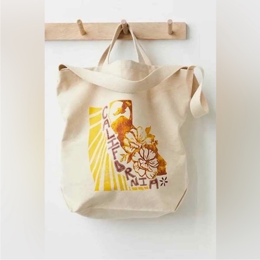 NWOT Free People Going Places Graphic Tote California Beige Yellow Canvas Bag
